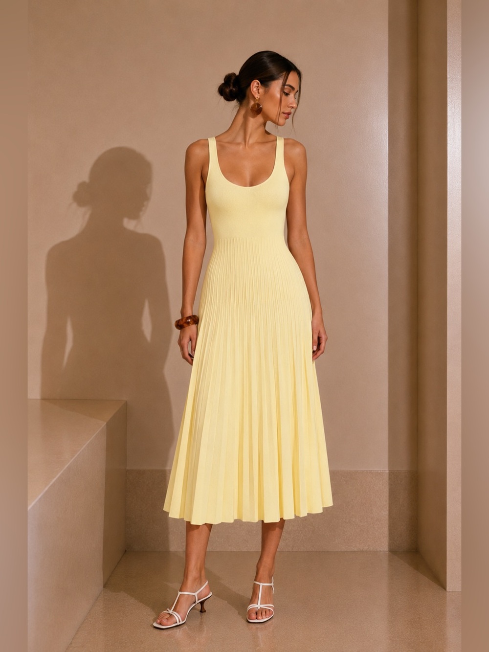 Commense Soft Yellow Pleated Knit Midi Dress